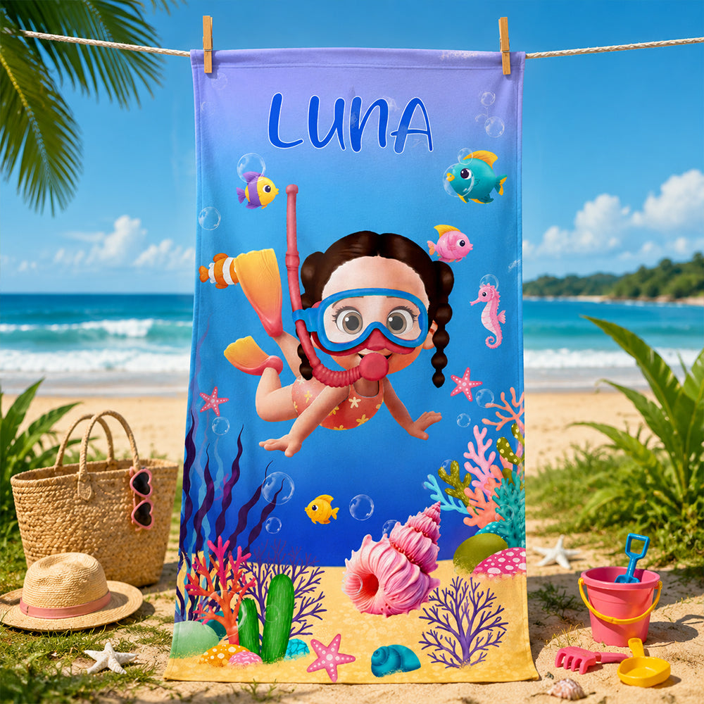 Personalized Cute 3D Diving Kid Sea Animal Quick Dry Soft Oversized Beach Towel with Name Summer Vacation Beach Party Birthday Gift for Boys Girls