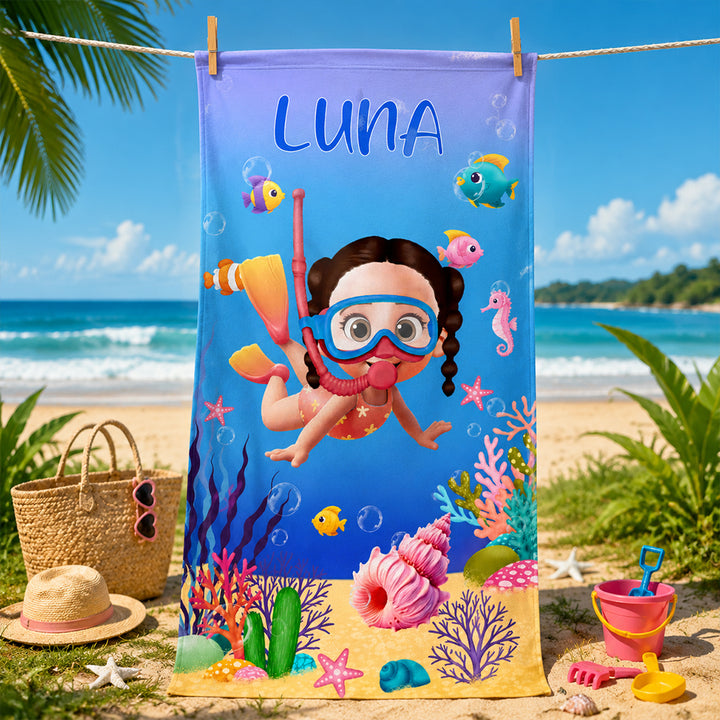 Personalized Cute 3D Diving Kid Sea Animal Quick Dry Soft Oversized Beach Towel with Name Summer Vacation Beach Party Birthday Gift for Boys Girls