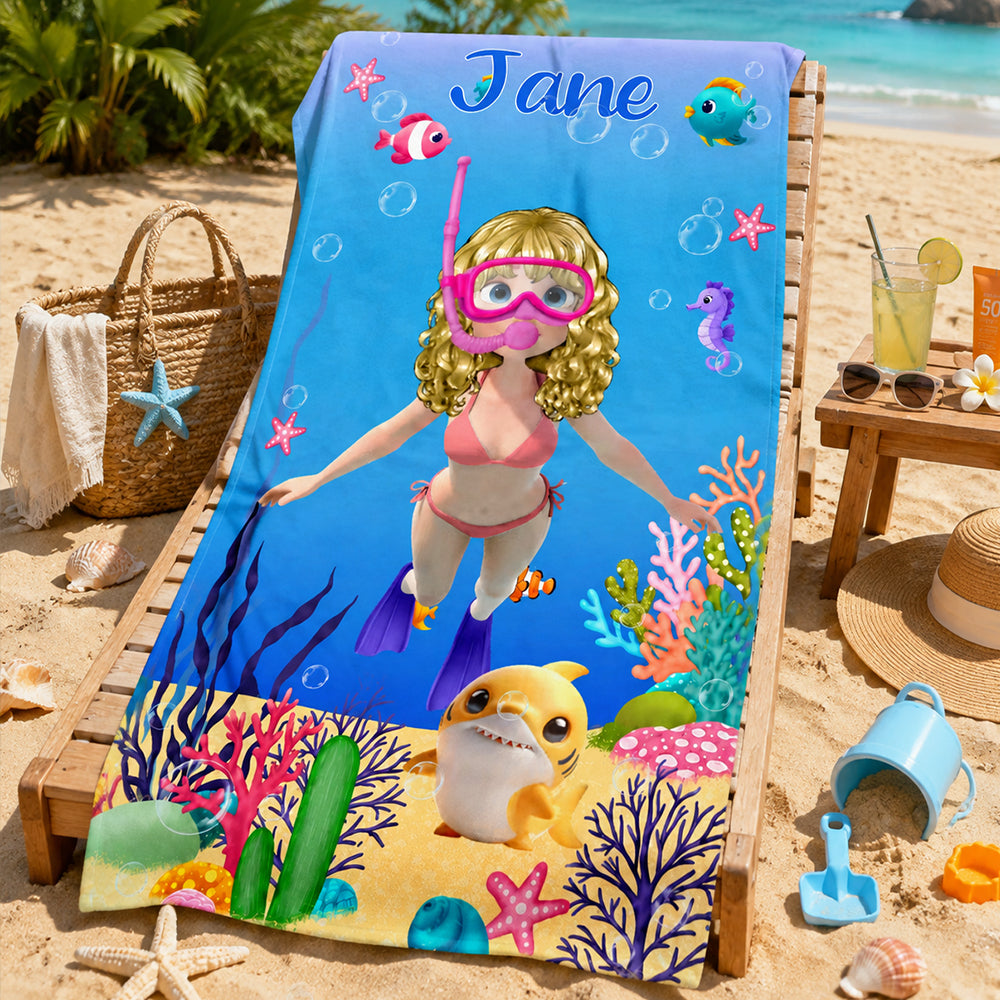 Personalized Cute 3D Diving Kid Sea Animal Quick Dry Soft Oversized Beach Towel with Name Summer Vacation Beach Party Birthday Gift for Boys Girls