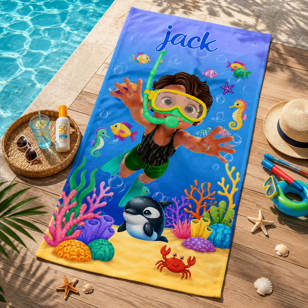 Personalized Cute 3D Diving Kid Sea Animal Quick Dry Soft Oversized Beach Towel with Name Summer Vacation Beach Party Birthday Gift for Boys Girls