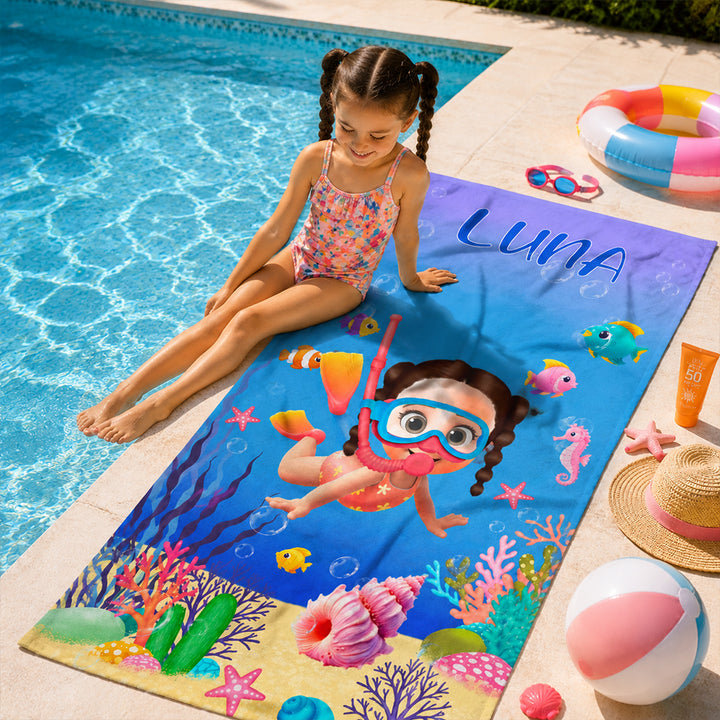 Personalized Cute 3D Diving Kid Sea Animal Quick Dry Soft Oversized Beach Towel with Name Summer Vacation Beach Party Birthday Gift for Boys Girls