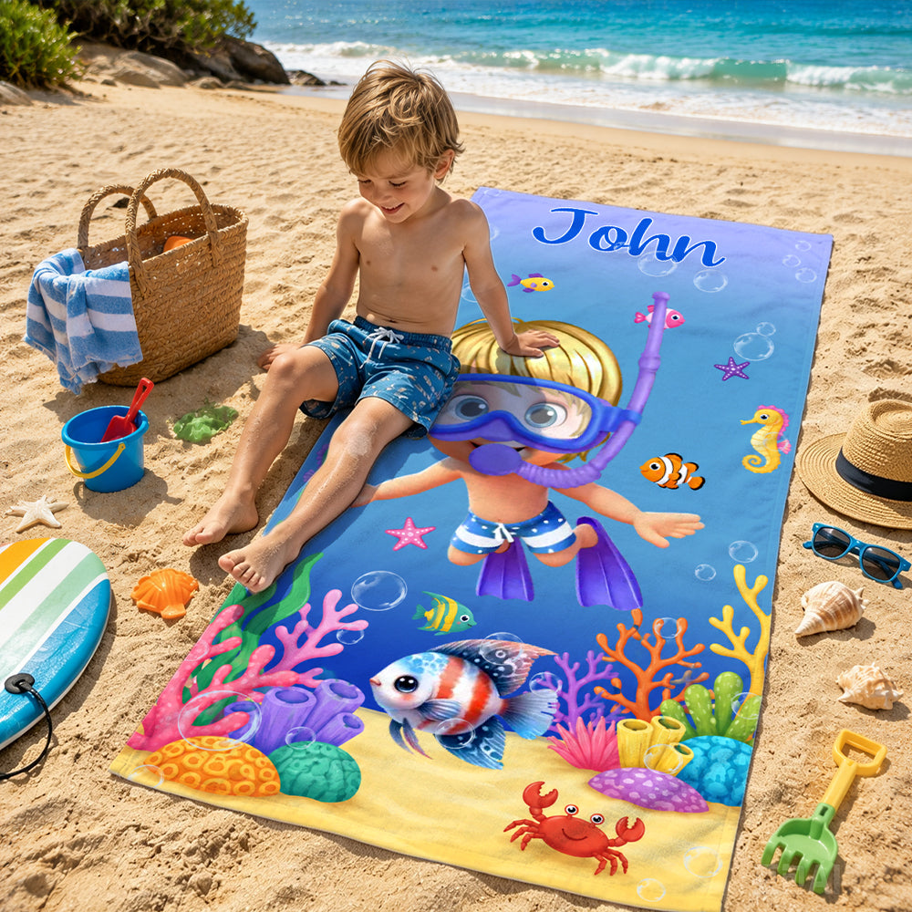 Personalized Cute 3D Diving Kid Sea Animal Quick Dry Soft Oversized Beach Towel with Name Summer Vacation Beach Party Birthday Gift for Boys Girls