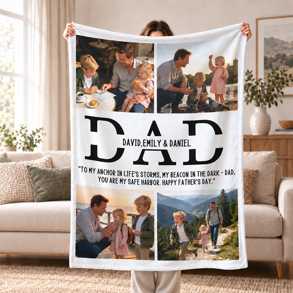 Personalized Dad Photo Blanket Custom Picture Collage with Name Photo Upload Sherpa or Flannel Throw Blanket Christmas Father’s Day Birthday Gift for Dad