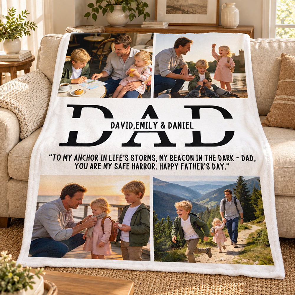 Personalized Dad Photo Blanket Custom Picture Collage with Name Photo Upload Sherpa or Flannel Throw Blanket Christmas Father’s Day Birthday Gift for Dad