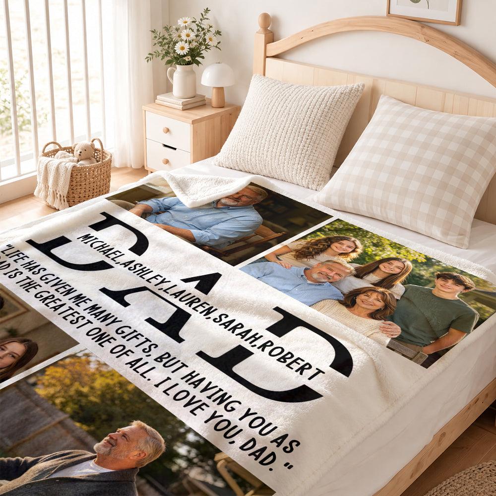 Personalized Dad Photo Blanket Custom Picture Collage with Name Photo Upload Sherpa or Flannel Throw Blanket Christmas Father’s Day Birthday Gift for Dad