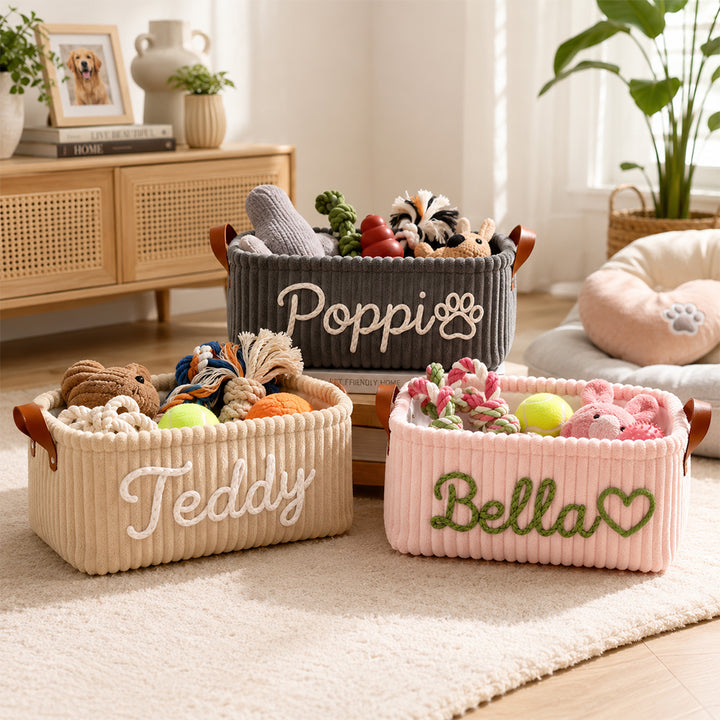 Personalized Dog Toy Basket Corduroy Pet Organizer Custom Name Yarn Embroidery Pet Storage Bin Home Decor Gift for Dog Owners Puppy Lovers Birthday Housewarming Keepsake