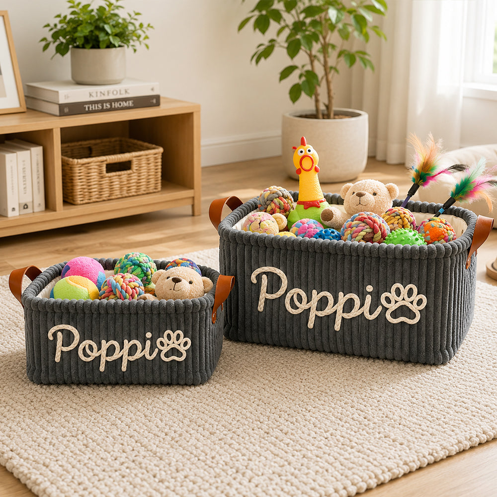Personalized Dog Toy Basket Corduroy Pet Organizer Custom Name Yarn Embroidery Pet Storage Bin Home Decor Gift for Dog Owners Puppy Lovers Birthday Housewarming Keepsake