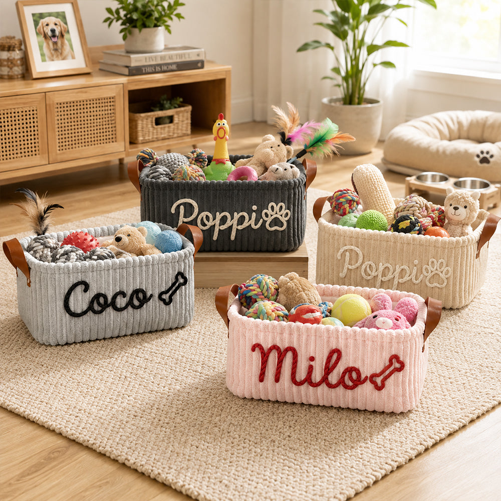 Personalized Dog Toy Basket Corduroy Pet Organizer Custom Name Yarn Embroidery Pet Storage Bin Home Decor Gift for Dog Owners Puppy Lovers Birthday Housewarming Keepsake