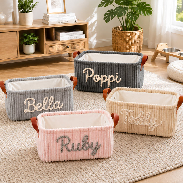 Personalized Dog Toy Basket Corduroy Pet Organizer Custom Name Yarn Embroidery Pet Storage Bin Home Decor Gift for Dog Owners Puppy Lovers Birthday Housewarming Keepsake