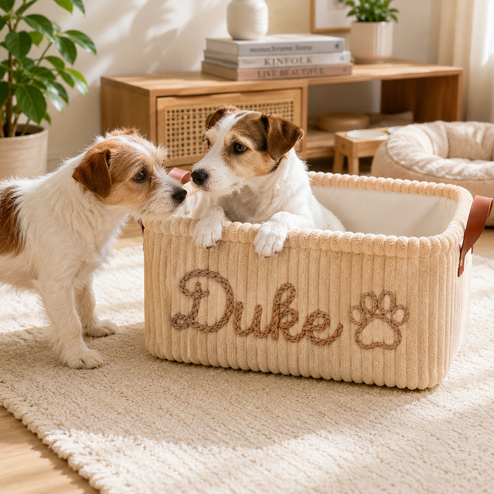 Personalized Dog Toy Basket Corduroy Pet Organizer Custom Name Yarn Embroidery Pet Storage Bin Home Decor Gift for Dog Owners Puppy Lovers Birthday Housewarming Keepsake