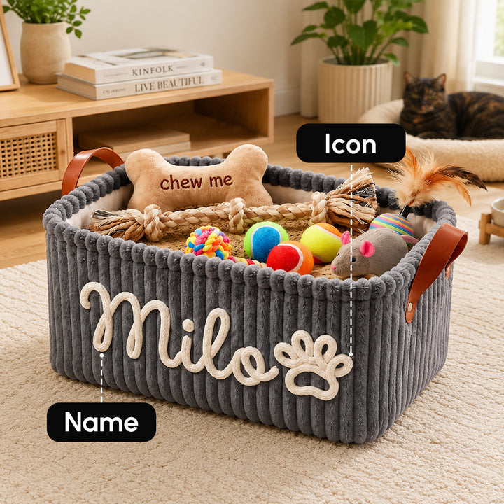 Personalized Dog Toy Basket Corduroy Pet Organizer Custom Name Yarn Embroidery Pet Storage Bin Home Decor Gift for Dog Owners Puppy Lovers Birthday Housewarming Keepsake