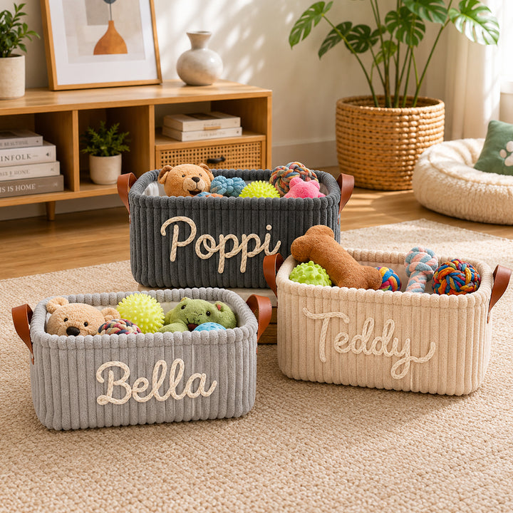 Personalized Dog Toy Basket Corduroy Pet Organizer Custom Name Yarn Embroidery Pet Storage Bin Home Decor Gift for Dog Owners Puppy Lovers Birthday Housewarming Keepsake