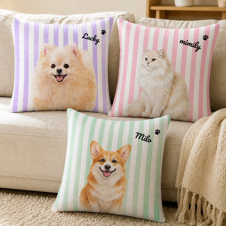 Personalized Double-Sided Striped Pet Portrait Throw Pillow Custom Pet Photo and Name Cushion for Cats Dogs