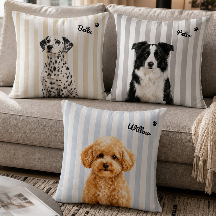 Personalized Double-Sided Striped Pet Portrait Throw Pillow Custom Pet Photo and Name Cushion for Cats Dogs