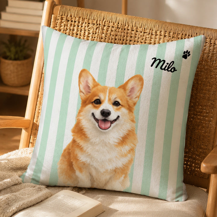 Personalized Double-Sided Striped Pet Portrait Throw Pillow Custom Pet Photo and Name Cushion for Cats Dogs
