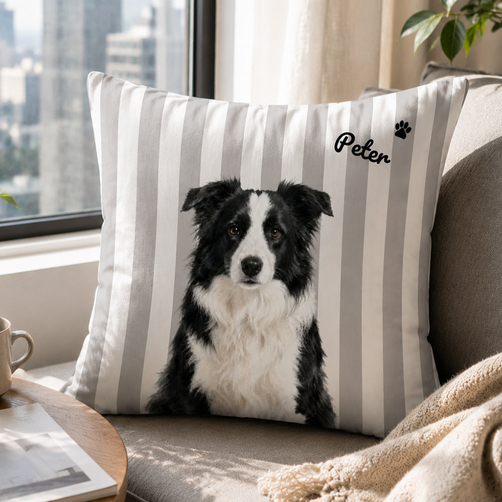 Personalized Double-Sided Striped Pet Portrait Throw Pillow Custom Pet Photo and Name Cushion for Cats Dogs