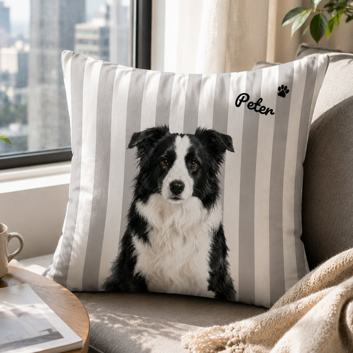 Personalized Double-Sided Striped Pet Portrait Throw Pillow Custom Pet Photo and Name Cushion for Cats Dogs