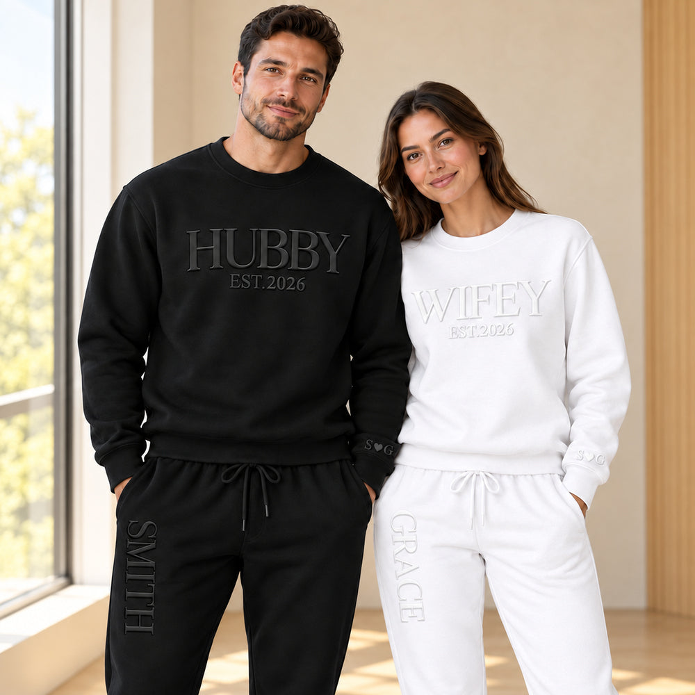 Personalized Embossed Wifey Hubby Matching Sweatshirt Set Custom Mr and Mrs Couples Sweatshirts with Initials on Sleeves Bridal Shower Anniversary Gift for Couples
