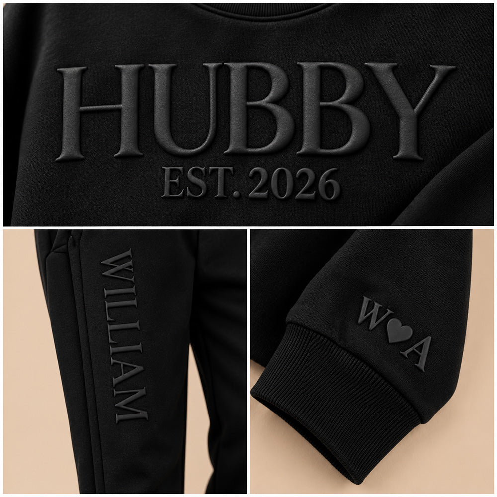 Personalized Embossed Wifey Hubby Matching Sweatshirt Set Custom Mr and Mrs Couples Sweatshirts with Initials on Sleeves Bridal Shower Anniversary Gift for Couples