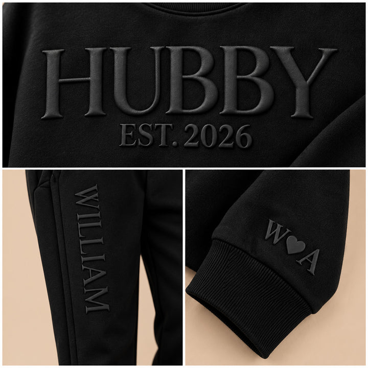 Personalized Embossed Wifey Hubby Matching Sweatshirt Set Custom Mr and Mrs Couples Sweatshirts with Initials on Sleeves Bridal Shower Anniversary Gift for Couples