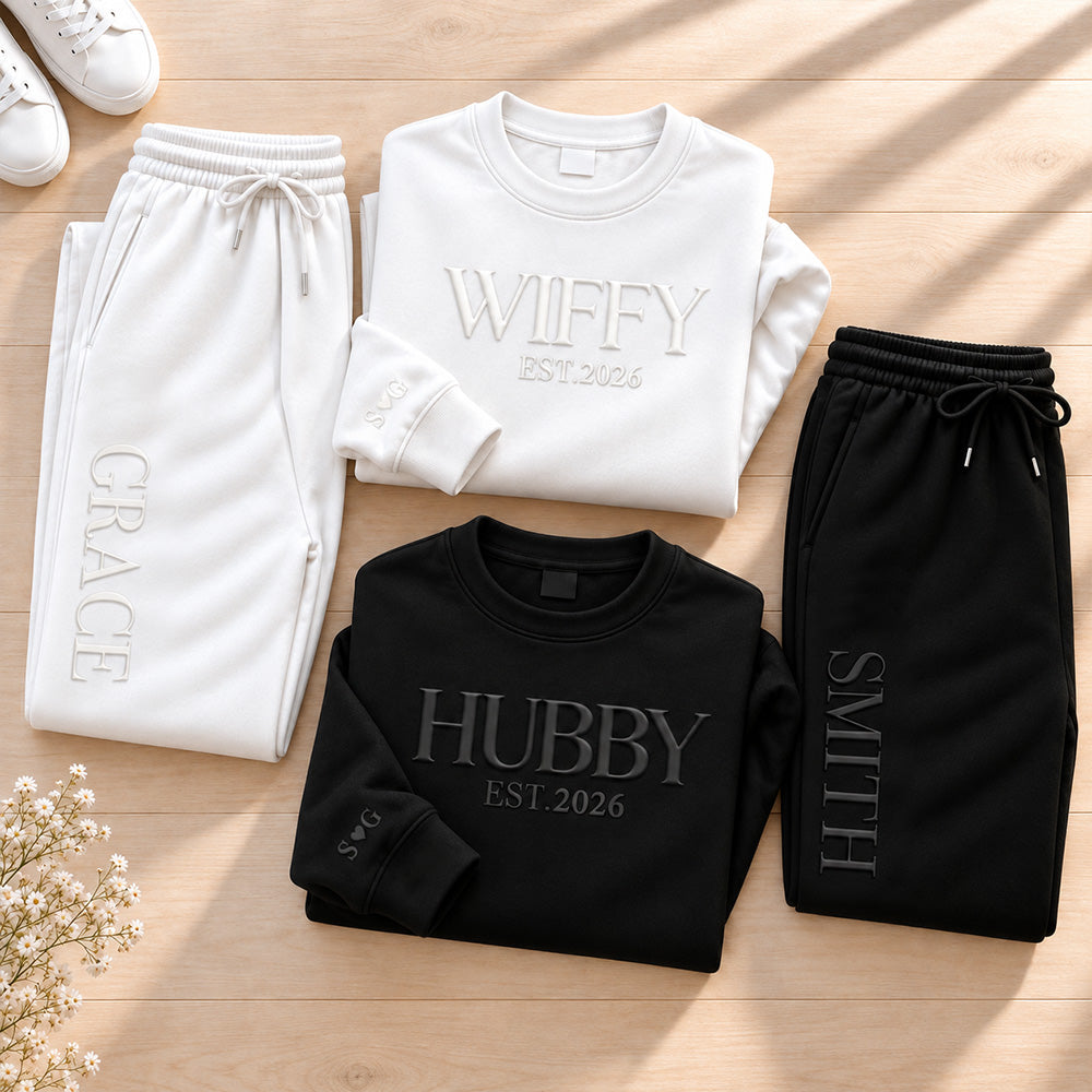 Personalized Embossed Wifey Hubby Matching Sweatshirt Set Custom Mr and Mrs Couples Sweatshirts with Initials on Sleeves Bridal Shower Anniversary Gift for Couples