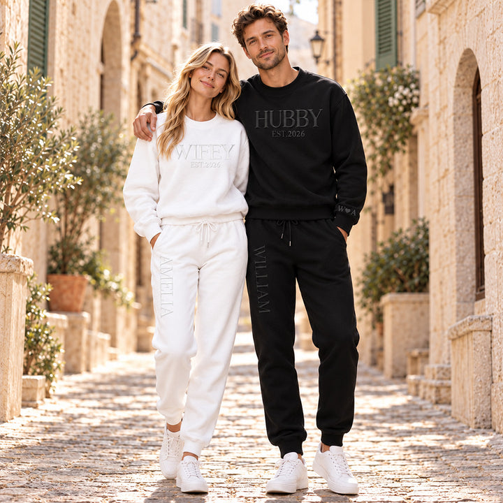 Personalized Embossed Wifey Hubby Matching Sweatshirt Set Custom Mr and Mrs Couples Sweatshirts with Initials on Sleeves Bridal Shower Anniversary Gift for Couples