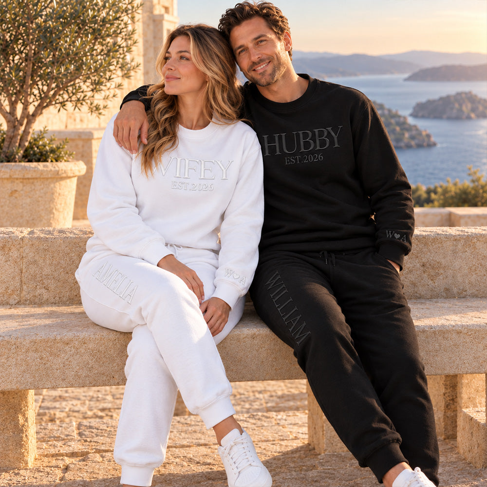 Personalized Embossed Wifey Hubby Matching Sweatshirt Set Custom Mr and Mrs Couples Sweatshirts with Initials on Sleeves Bridal Shower Anniversary Gift for Couples