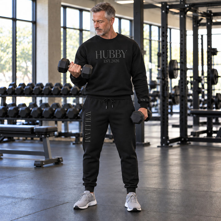 Personalized Embossed Wifey Hubby Matching Sweatshirt Set Custom Mr and Mrs Couples Sweatshirts with Initials on Sleeves Bridal Shower Anniversary Gift for Couples