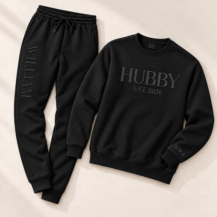 Personalized Embossed Wifey Hubby Matching Sweatshirt Set Custom Mr and Mrs Couples Sweatshirts with Initials on Sleeves Bridal Shower Anniversary Gift for Couples