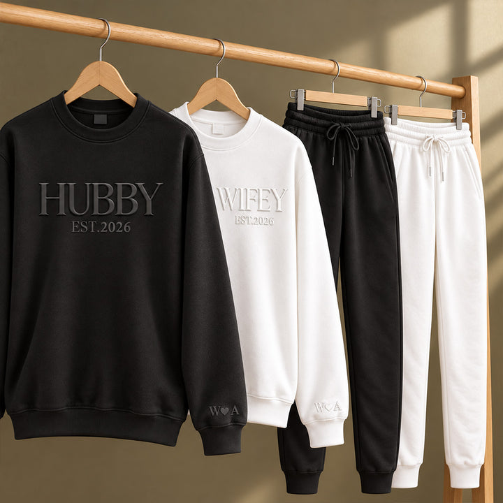 Personalized Embossed Wifey Hubby Matching Sweatshirt Set Custom Mr and Mrs Couples Sweatshirts with Initials on Sleeves Bridal Shower Anniversary Gift for Couples