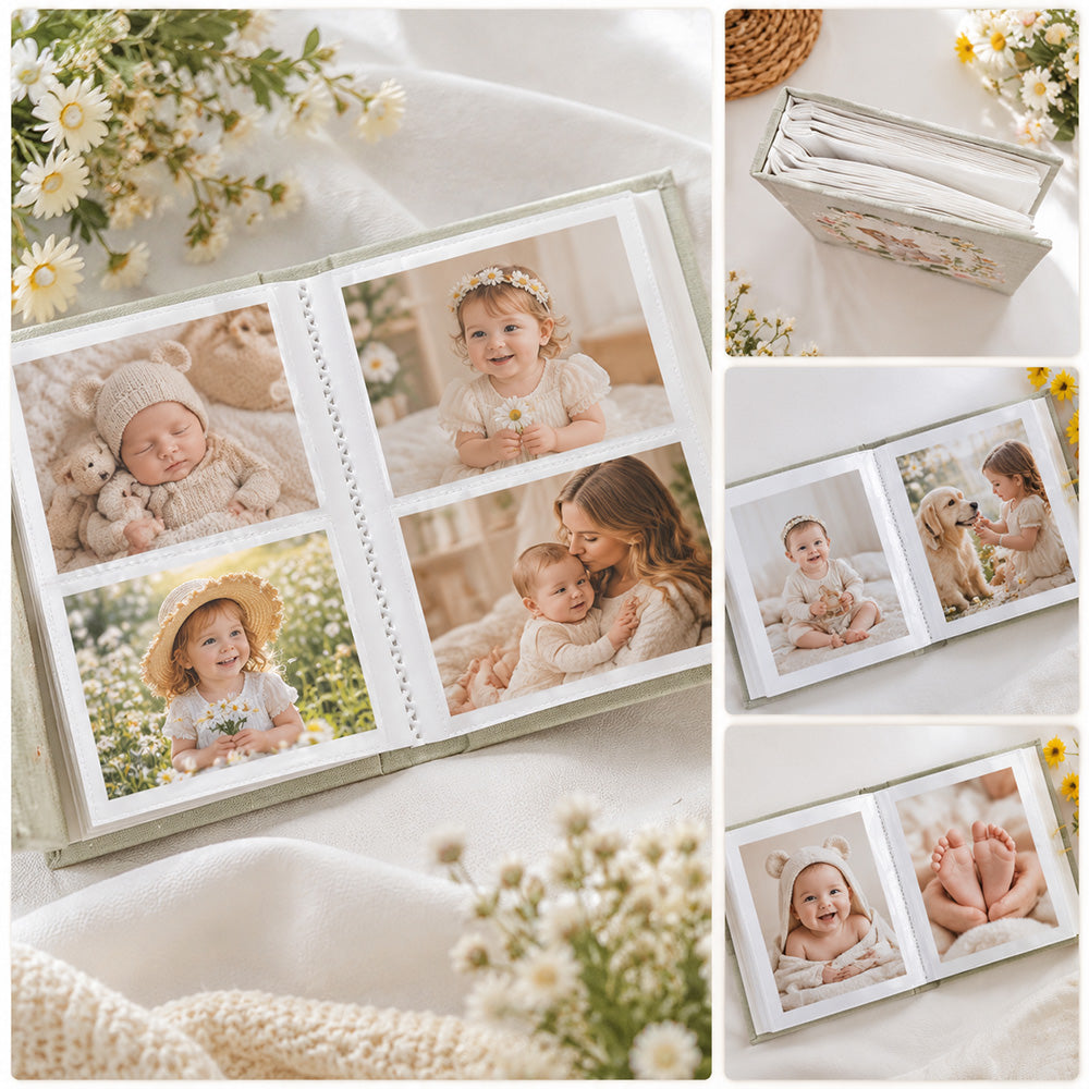 Personalized Embroidered Baby Photo Album with Sleeves Custom Name Linen Baby Shower Gift Memory Keep Book