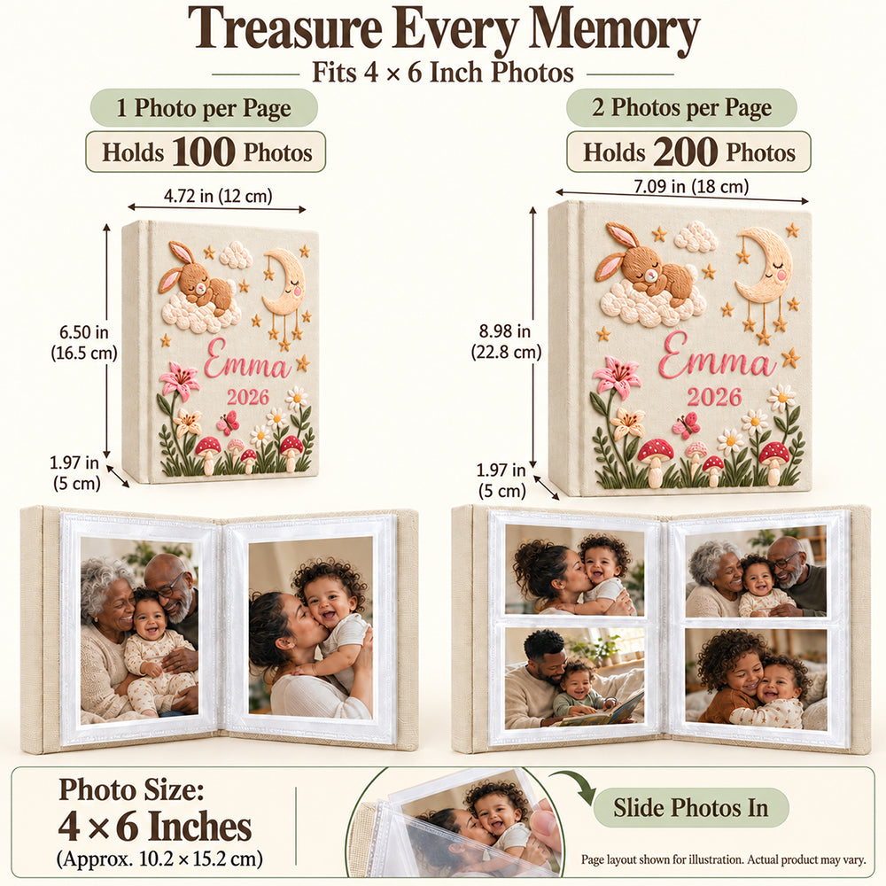 Personalized Embroidered Baby Photo Album with Sleeves Custom Name Linen Baby Shower Gift Memory Keep Book