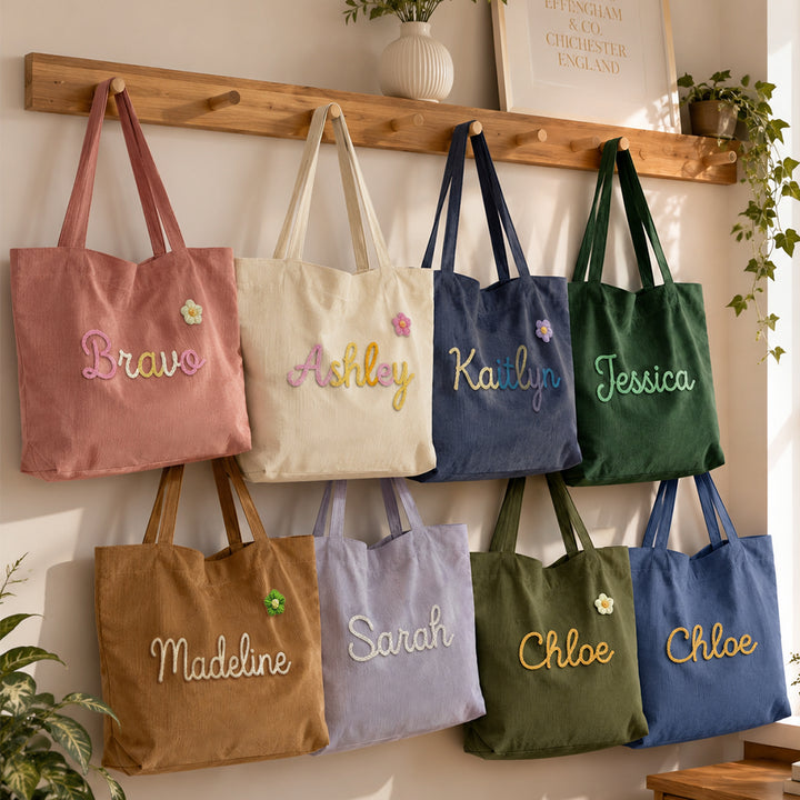 Personalized Embroidered Corduroy Tote Bag with Zipper Custom Gift For Her Summer Shoulder Bag
