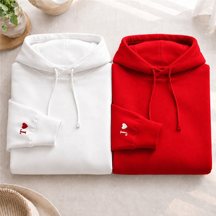Personalized Embroidered Initial Heart on Sleeve Couples Matching Hoodie Sweatshirt or T-Shirt Valentine’s Day Gift for Couples