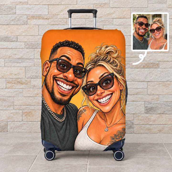 Personalized Exaggerated Comic Photo Luggage Cover with Name Stretchy Suitcase Protector Travel Accessories Birthday Gift for Couples Travel Lovers
