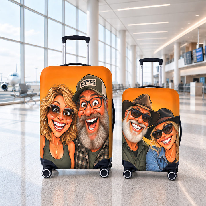 Personalized Exaggerated Comic Photo Luggage Cover with Name Stretchy Suitcase Protector Travel Accessories Birthday Gift for Couples Travel Lovers