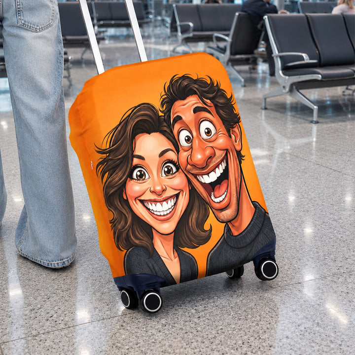 Personalized Exaggerated Comic Photo Luggage Cover with Name Stretchy Suitcase Protector Travel Accessories Birthday Gift for Couples Travel Lovers