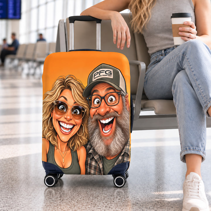 Personalized Exaggerated Comic Photo Luggage Cover with Name Stretchy Suitcase Protector Travel Accessories Birthday Gift for Couples Travel Lovers