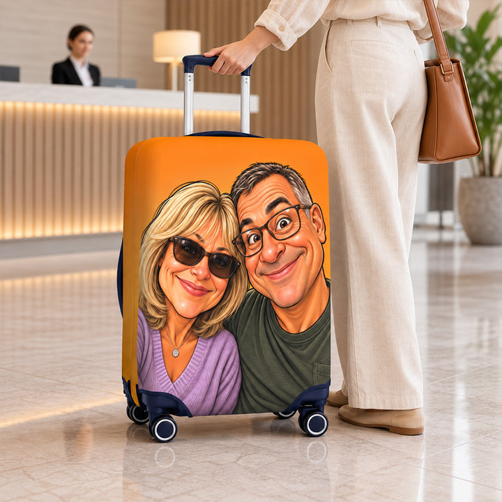 Personalized Exaggerated Comic Photo Luggage Cover with Name Stretchy Suitcase Protector Travel Accessories Birthday Gift for Couples Travel Lovers