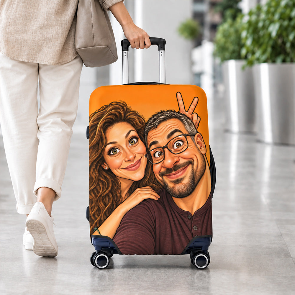 Personalized Exaggerated Comic Photo Luggage Cover with Name Stretchy Suitcase Protector Travel Accessories Birthday Gift for Couples Travel Lovers