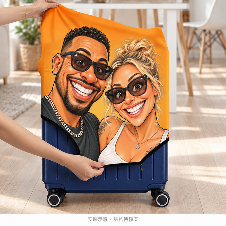 Personalized Exaggerated Comic Photo Luggage Cover with Name Stretchy Suitcase Protector Travel Accessories Birthday Gift for Couples Travel Lovers