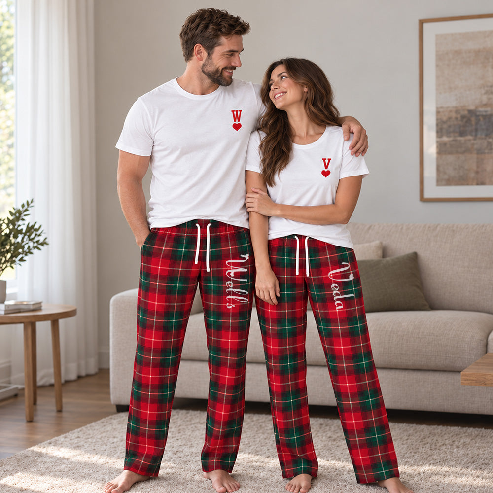 Personalized Family Matching Pajamas Custom Monogram Name Plaid Loungewear Set Holiday Christmas PJs for Adults Kids Baby Custom Family Gift