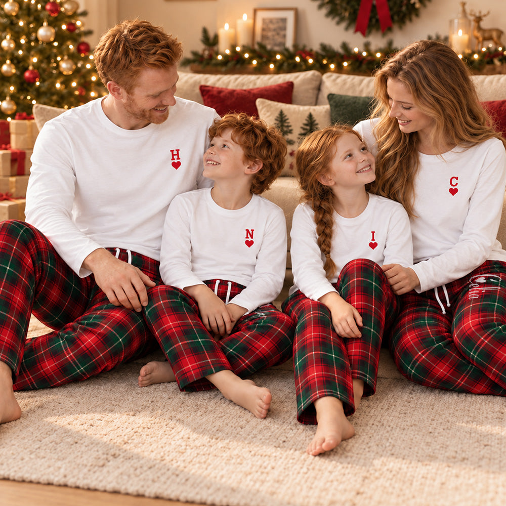 Personalized Family Matching Pajamas Custom Monogram Name Plaid Loungewear Set Holiday Christmas PJs for Adults Kids Baby Custom Family Gift