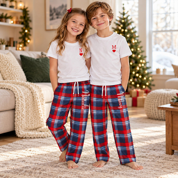 Personalized Family Matching Pajamas Custom Name Plaid Loungewear Set Holiday Gift for Adults Kids