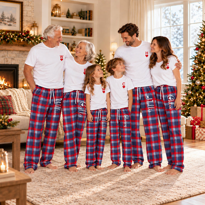 Personalized Family Matching Pajamas Custom Name Plaid Loungewear Set Holiday Gift for Adults Kids