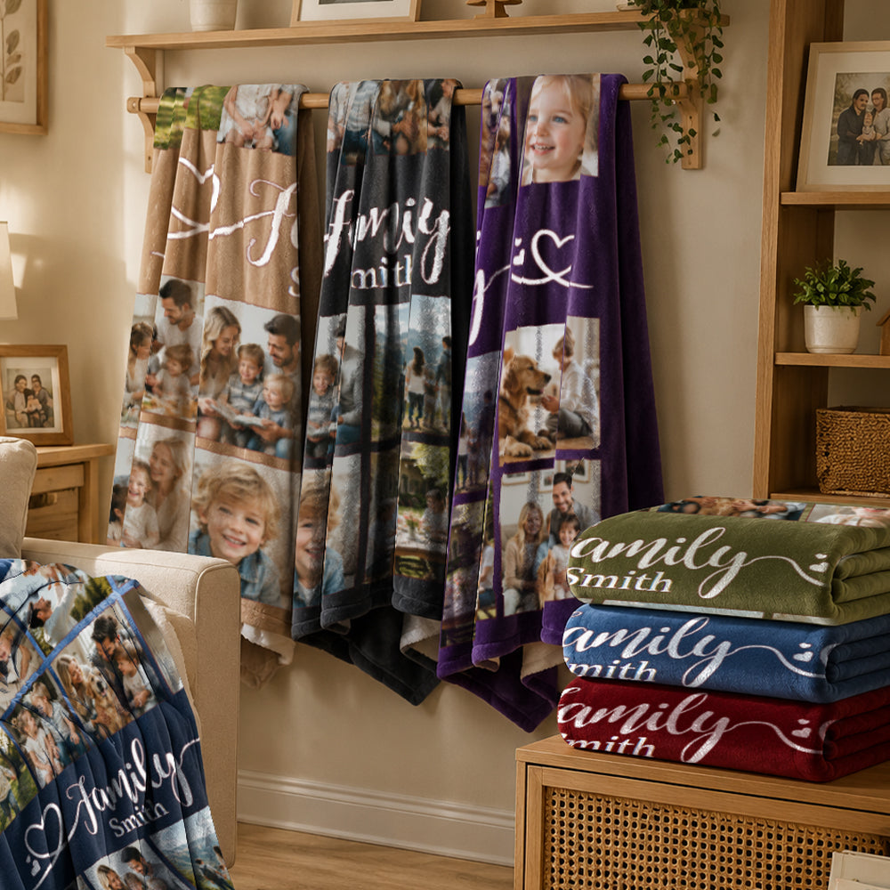 Personalized Family Memories Photo Blanket Custom 16 Picture Collage Blanket with Name Warm Cozy Throw Gift for Anniversary Housewarming Any Occasion