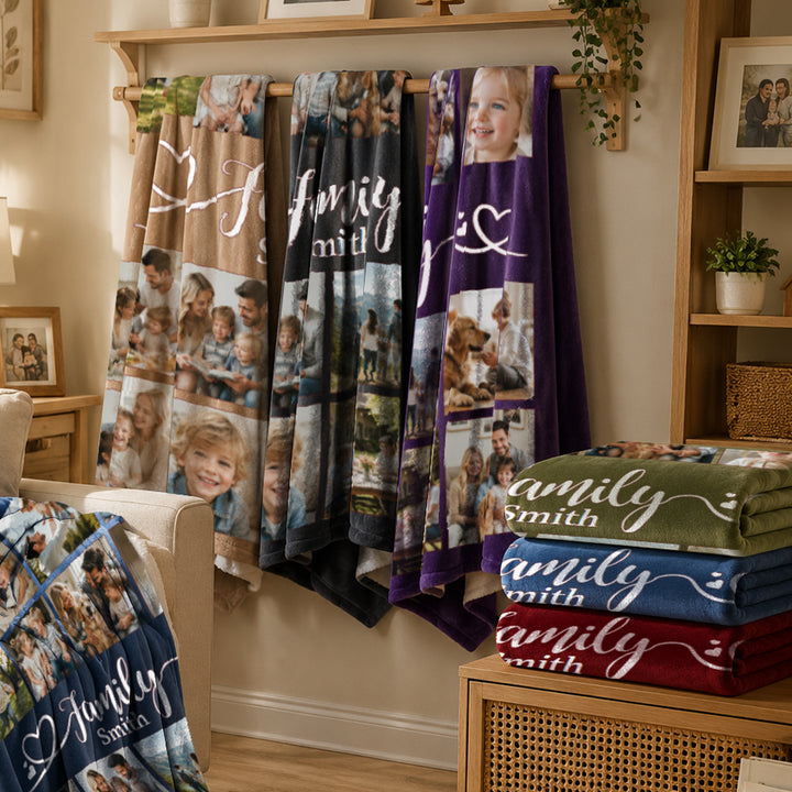 Personalized Family Memories Photo Blanket Custom 16 Picture Collage Blanket with Name Warm Cozy Throw Gift for Anniversary Housewarming Any Occasion
