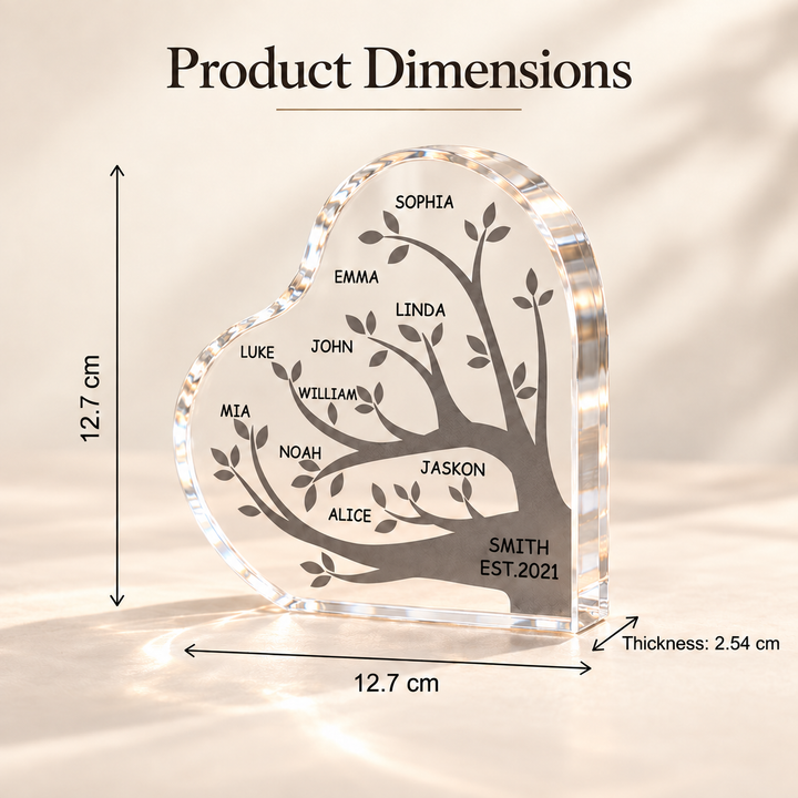 Personalized Family Tree Acrylic Plaque Custom Name Heart Keepsake Custom Family Member Names Desk Decor Gift for Mom Grandma Birthday Mother&