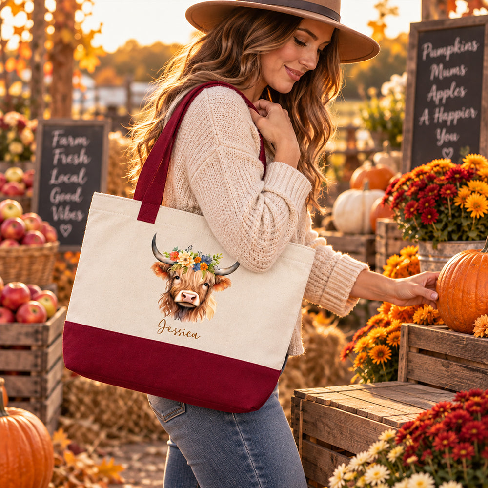 Personalized Floral Cow Canvas Tote Bag with Name Double-Sided Printed Vintage Farm Bag Autumn Gift for Farmers Cowgirls Cow Lovers