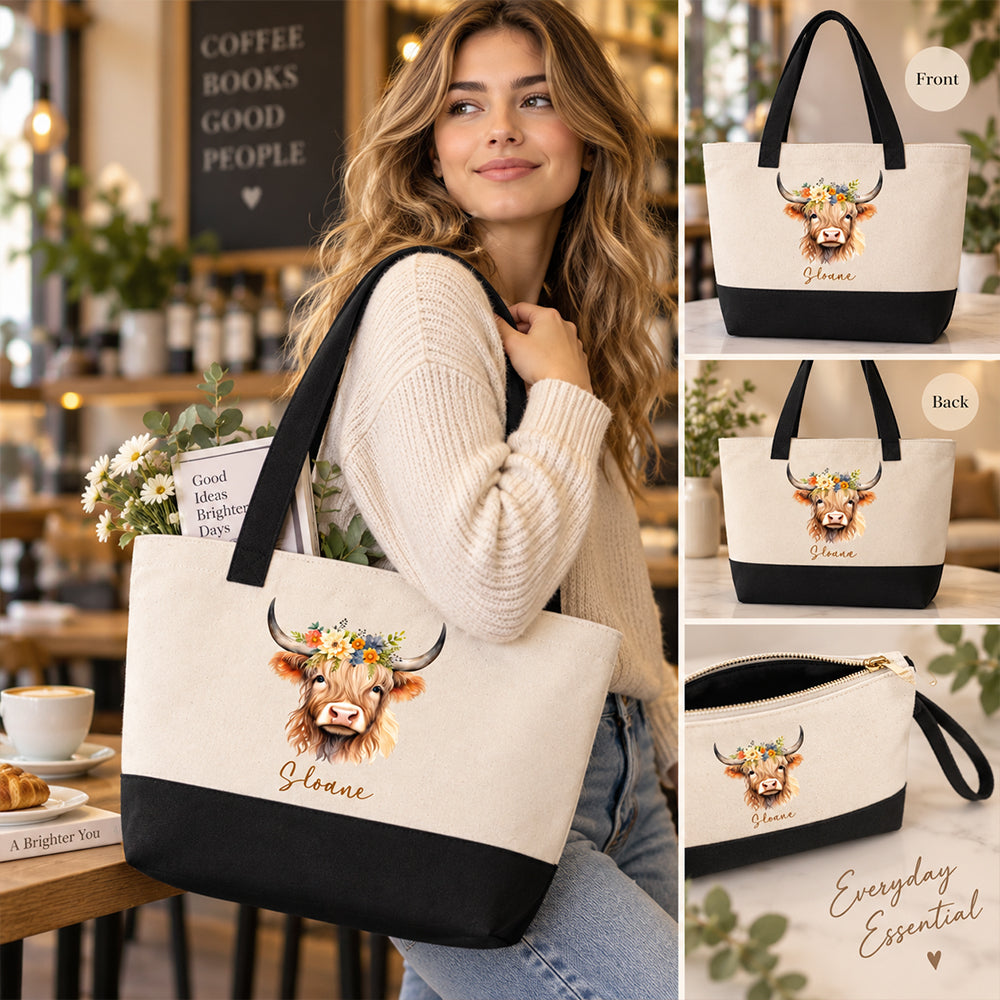 Personalized Floral Cow Canvas Tote Bag with Name Double-Sided Printed Vintage Farm Bag Autumn Gift for Farmers Cowgirls Cow Lovers